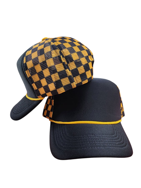 Polyester Foam Front Checkered Mesh Back Cap 5 Panel Trucker Hat