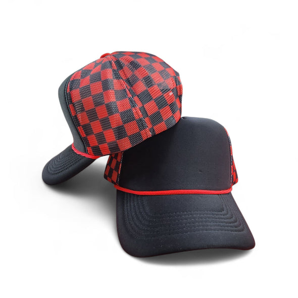 Polyester Foam Front Checkered Mesh Back Cap 5 Panel Trucker Hat