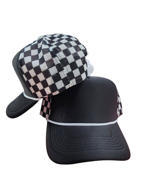 Polyester Foam Front Checkered Mesh Back Cap 5 Panel Trucker Hat