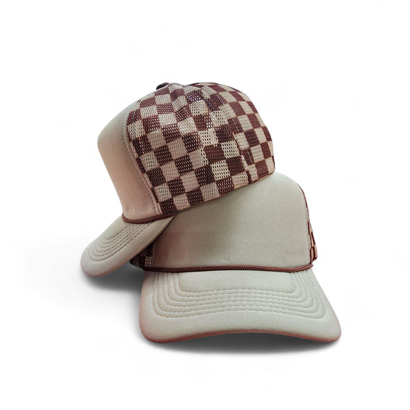 Polyester Foam Front Checkered Mesh Back Cap 5 Panel Trucker Hat