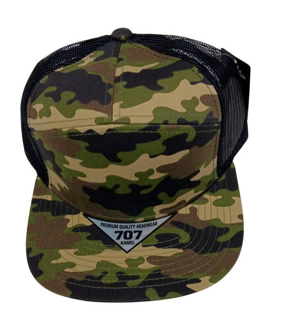 Kamel 707 7 Panel Flat  Adjustable Snapback Mesh Trucker Cap