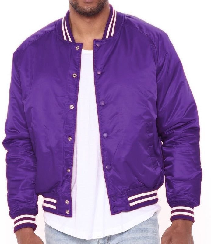 Purple Satin Varsity Letterman Bomber Baseball Jacket Rib Purple &  White